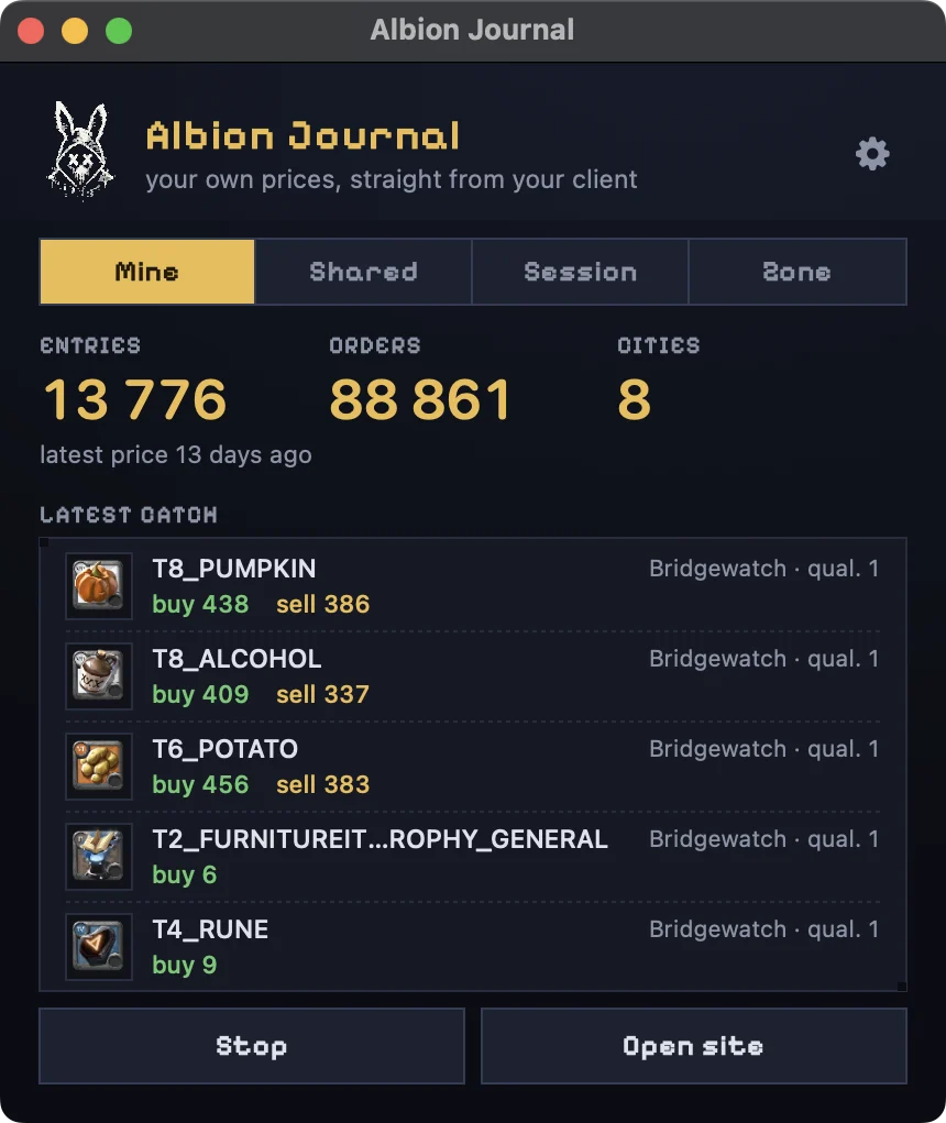 Окно Albion Journal на Mac: вкладка «Свои» со свежими ценами, пойманными в игре